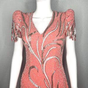 Claires Collection Vintage 80s Coral Pink Silver White Ornate Beaded Gown